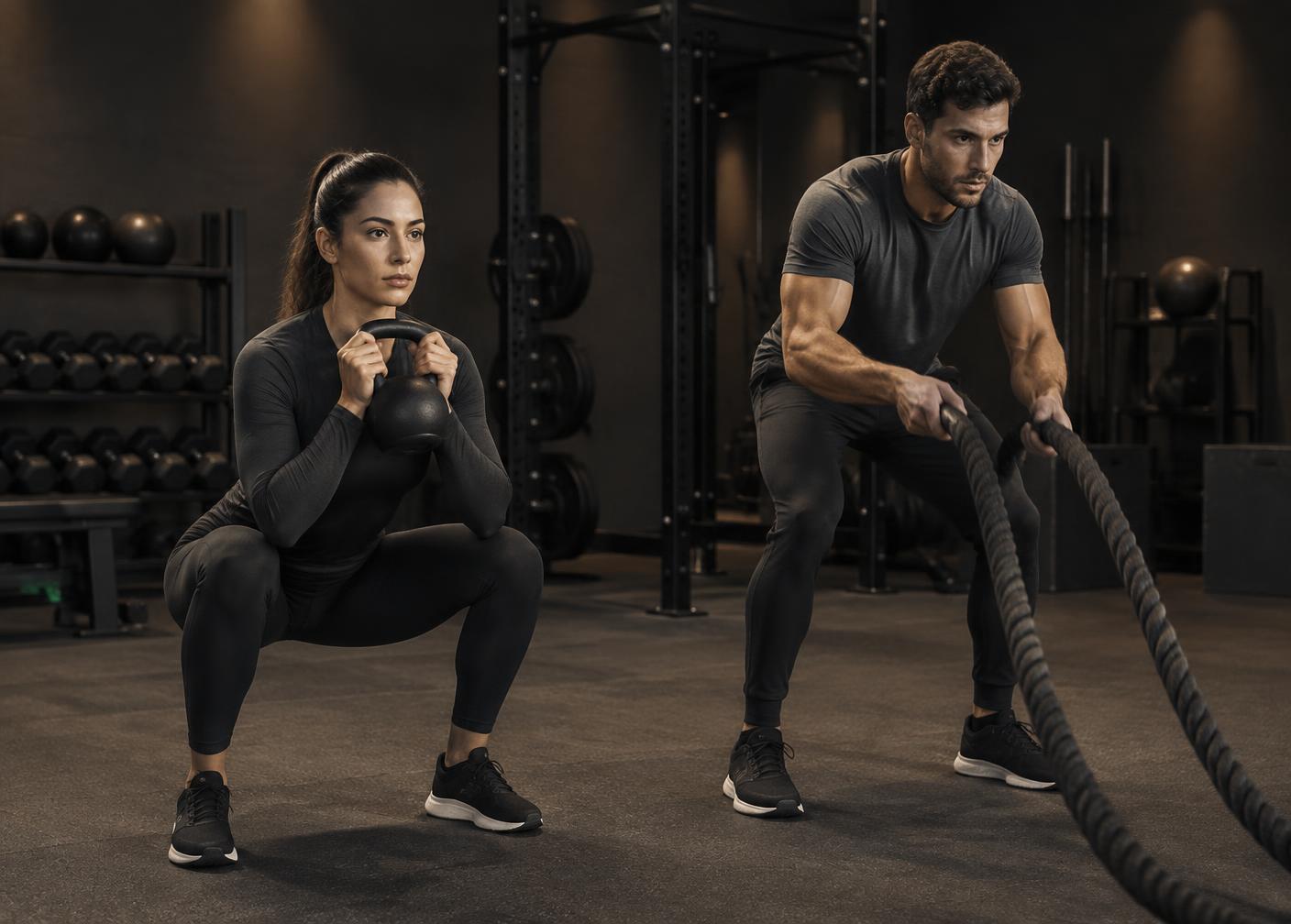 Athlete tying her training shoes in a quiet gym before a workout