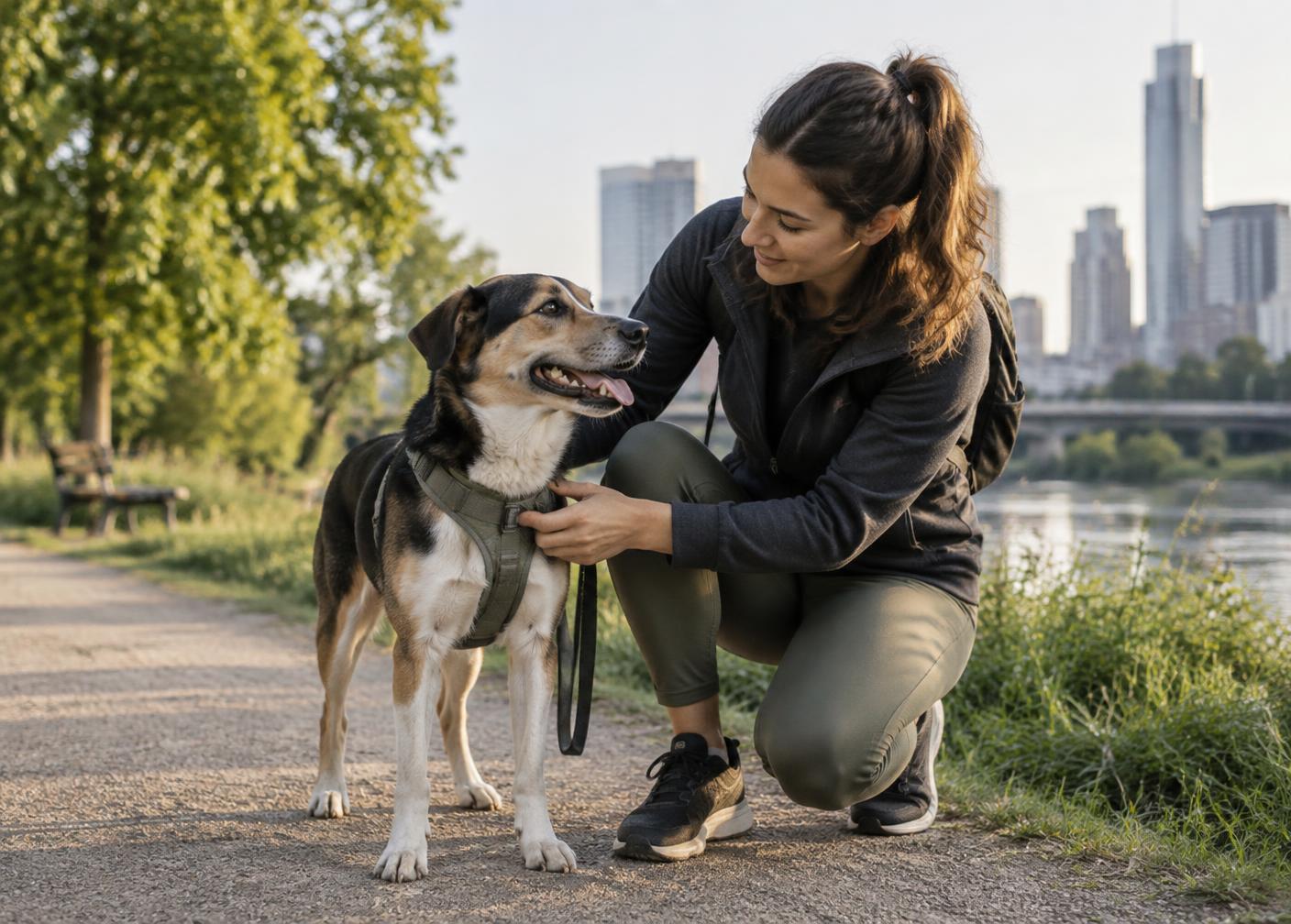 A dog owner adjusting her dog’s harness after a walk in the park