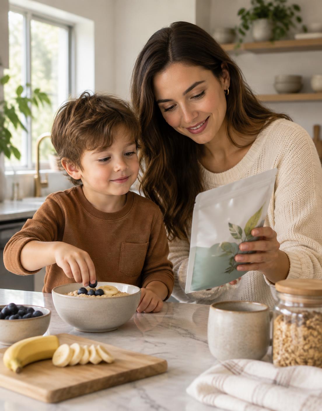 A father considering a package while preparing breakfast with his daughter