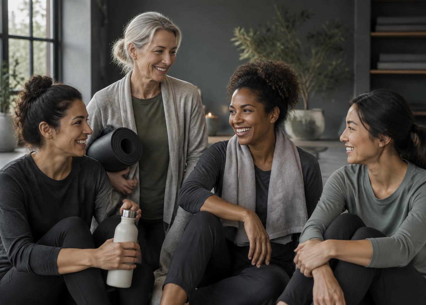 A diverse group of women talking together after a movement class