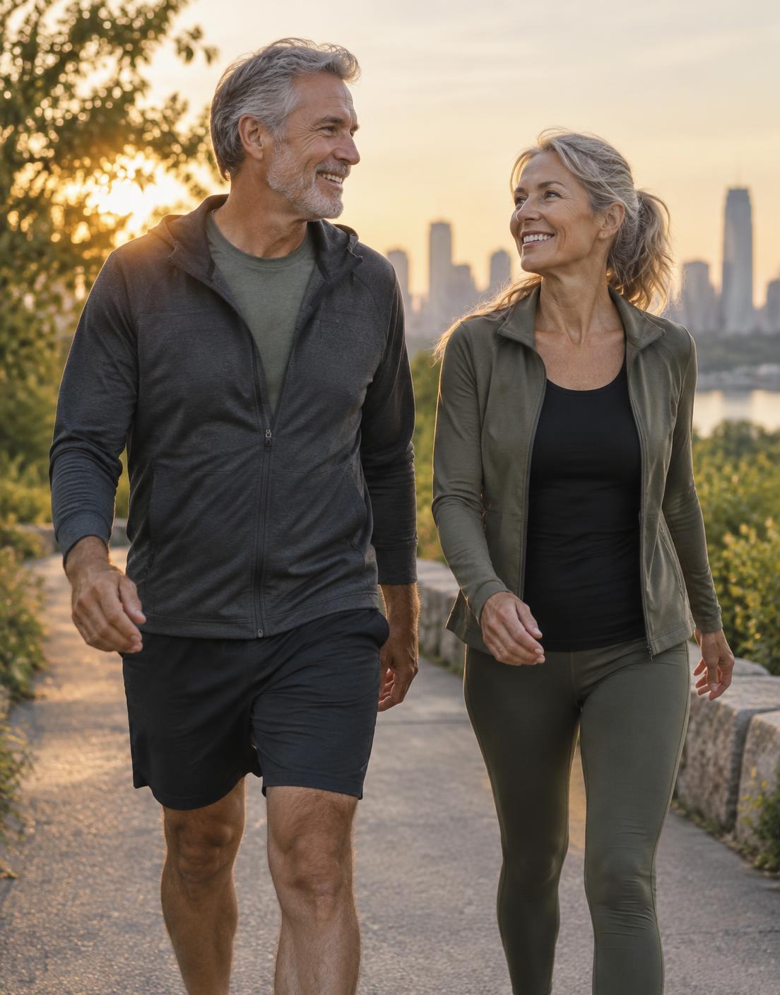 An active older couple walking together on a city park trail