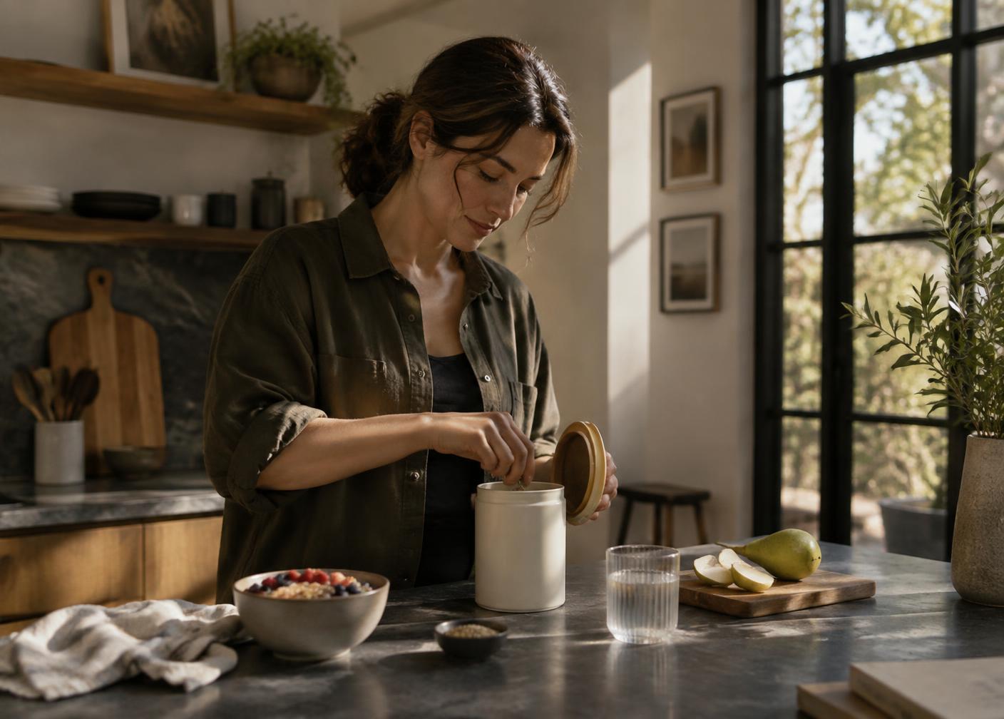 A person preparing a simple morning routine in a sunlit kitchen