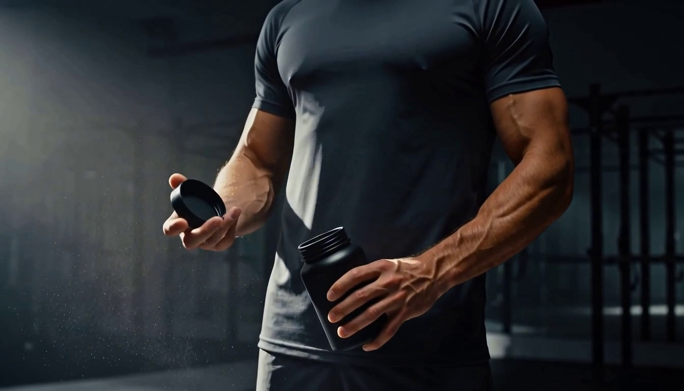 Athlete in fitted training apparel holding a finished protein tub