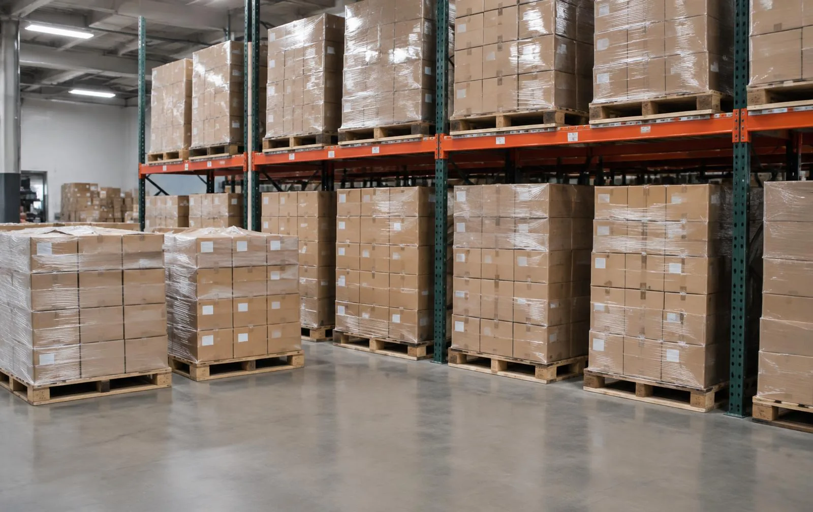 Illustrative mid-size finished-goods warehouse with organized supplement master cases on wrapped pallets