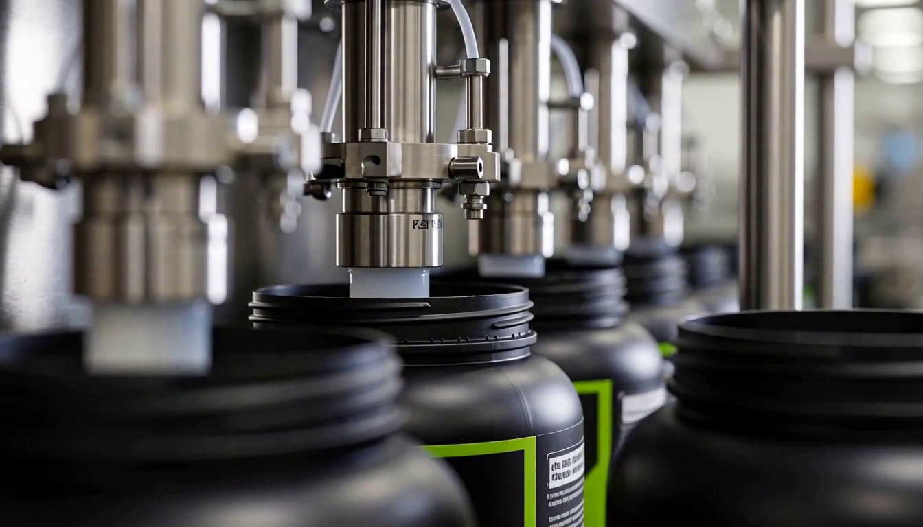 Automated filling heads dosing powder into tubs on the packaging line