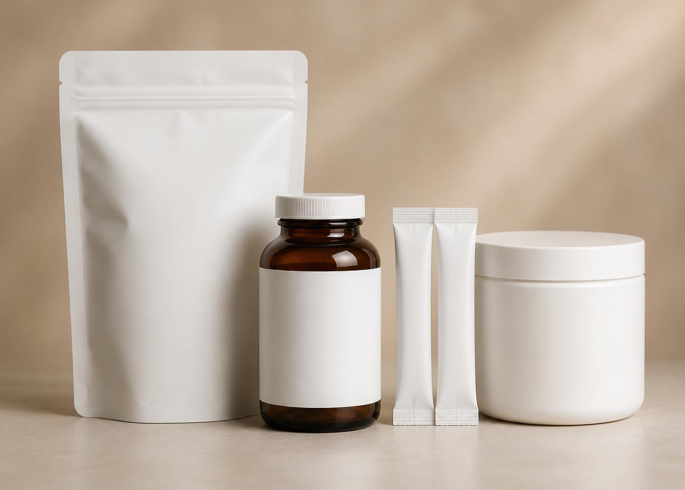Unbranded supplement packaging: pouch, bottle, stick packs and jar
