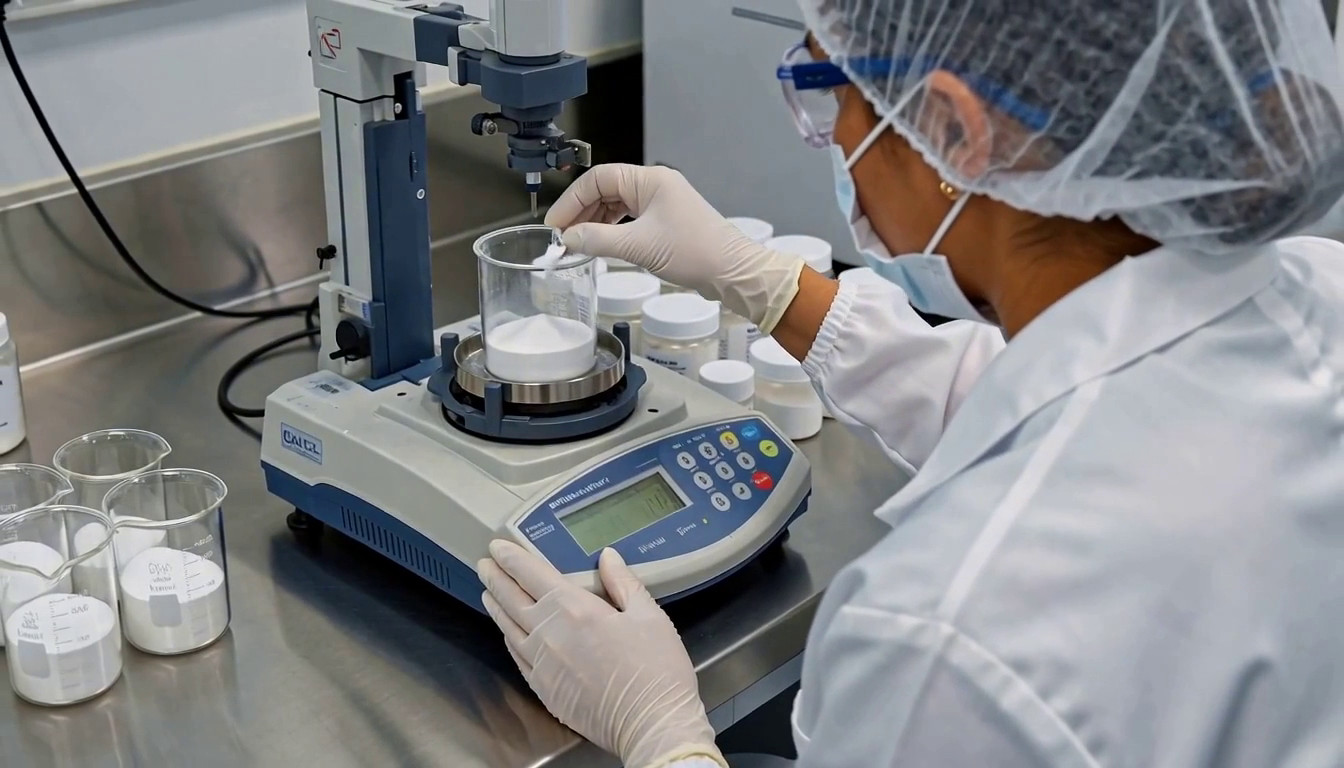 Analyst weighing a sample on a laboratory balance