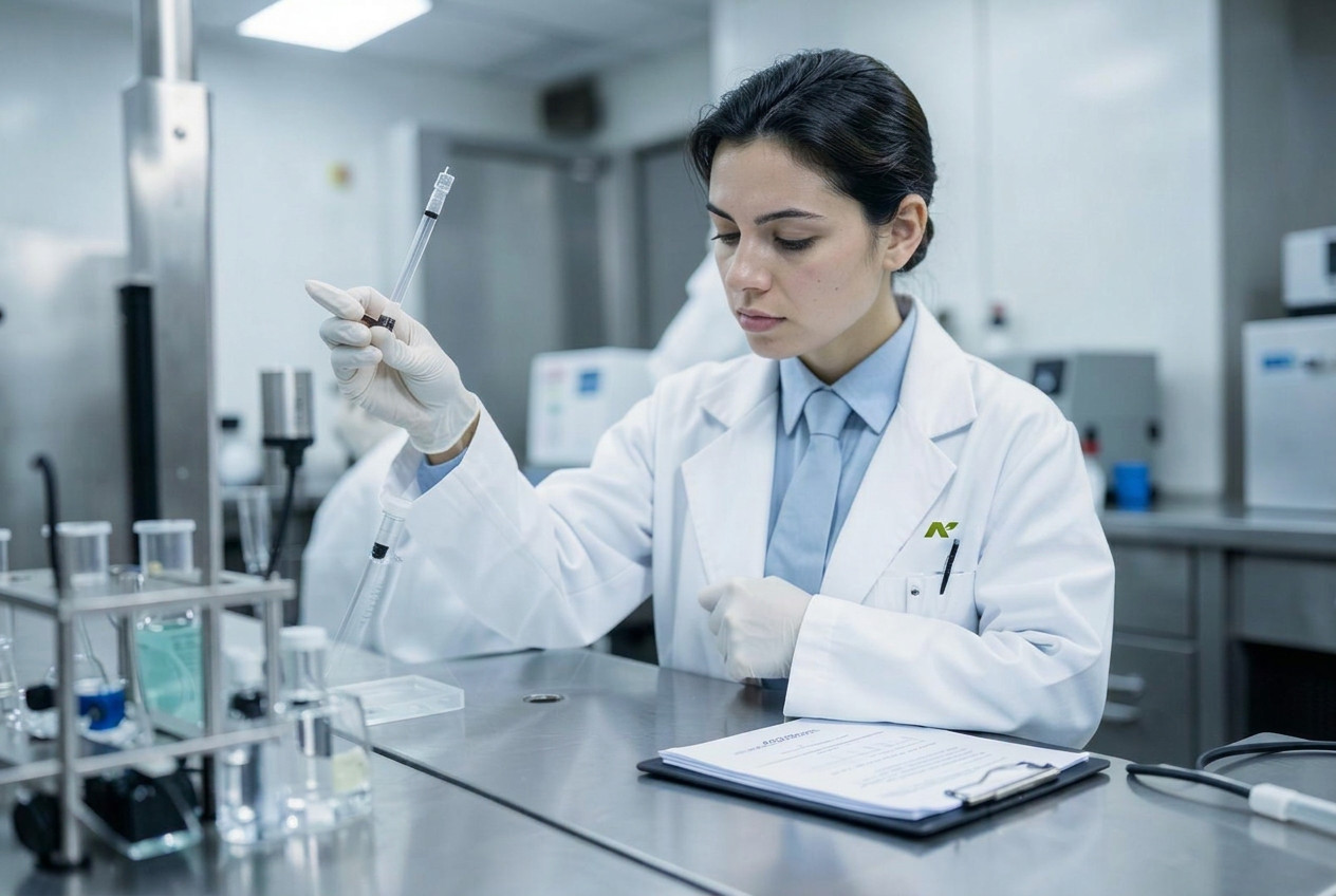 Quality control analyst in an Agile Nutra lab coat examining a sample