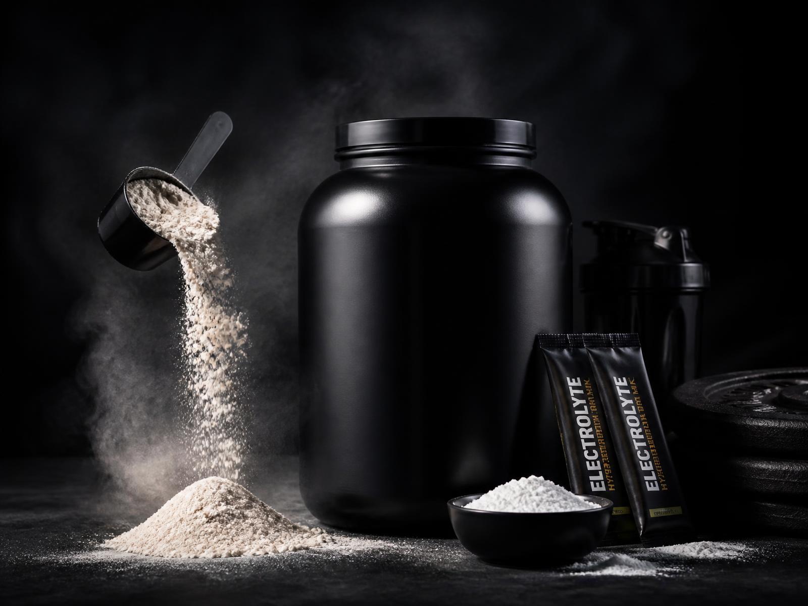 Black protein tub with scoop and powder on a dark surface